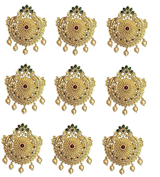 Gold Plated Antique Hair Jewellery (9 Pcs Green)