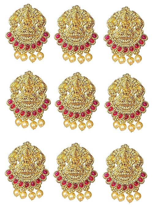 Gold Plated Antique Hair Jewellery (9 Pcs Red)