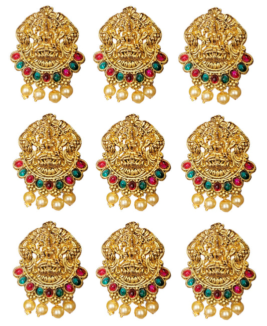 Gold Plated Antique Hair Jewellery (9 Pcs Red Green)