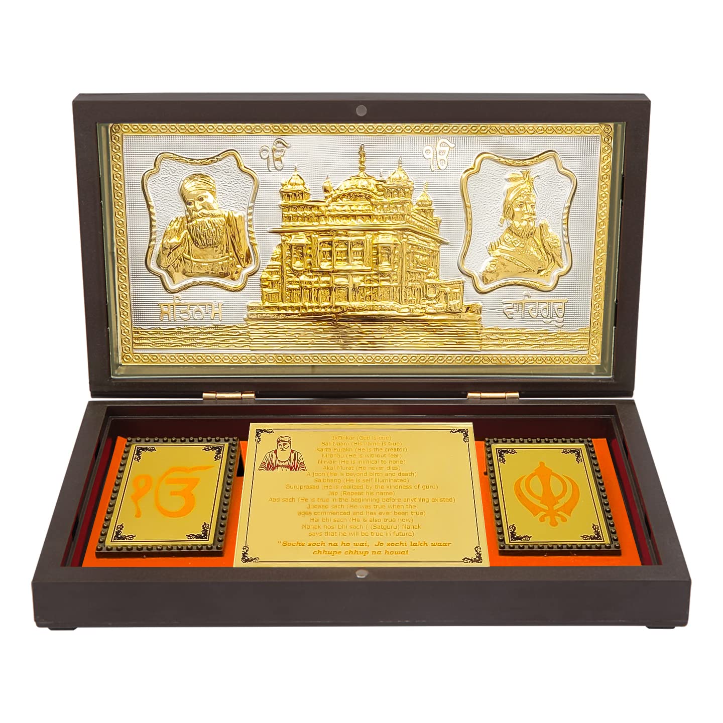 Gold Plated WaheGuruji Photo Frame with Golden Temple Pocket Temple