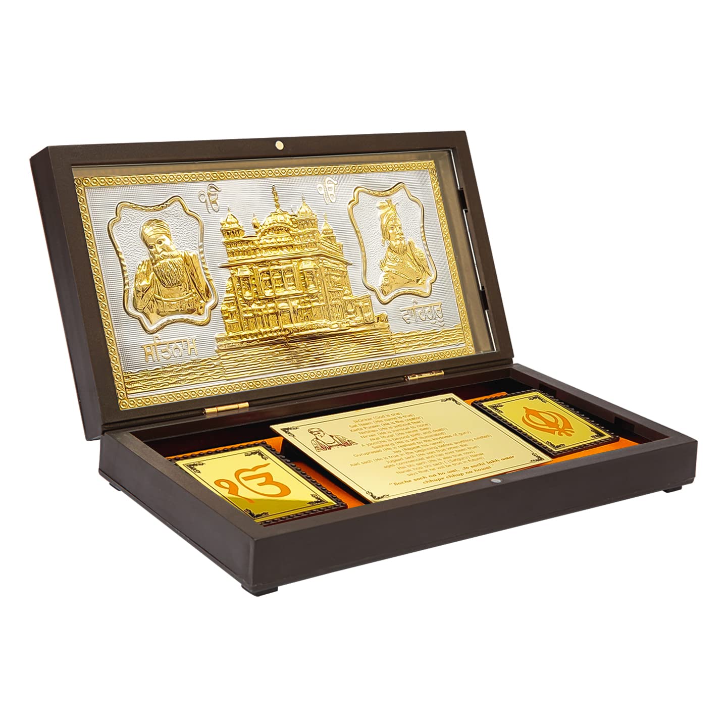 Gold Plated WaheGuruji Photo Frame with Golden Temple Pocket Temple