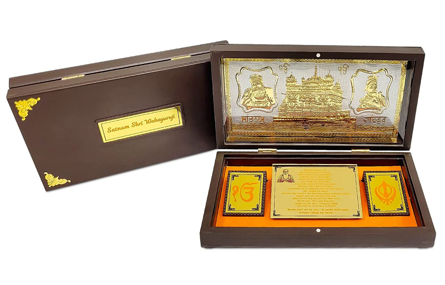 Gold Plated WaheGuruji Photo Frame with Golden Temple Pocket Temple