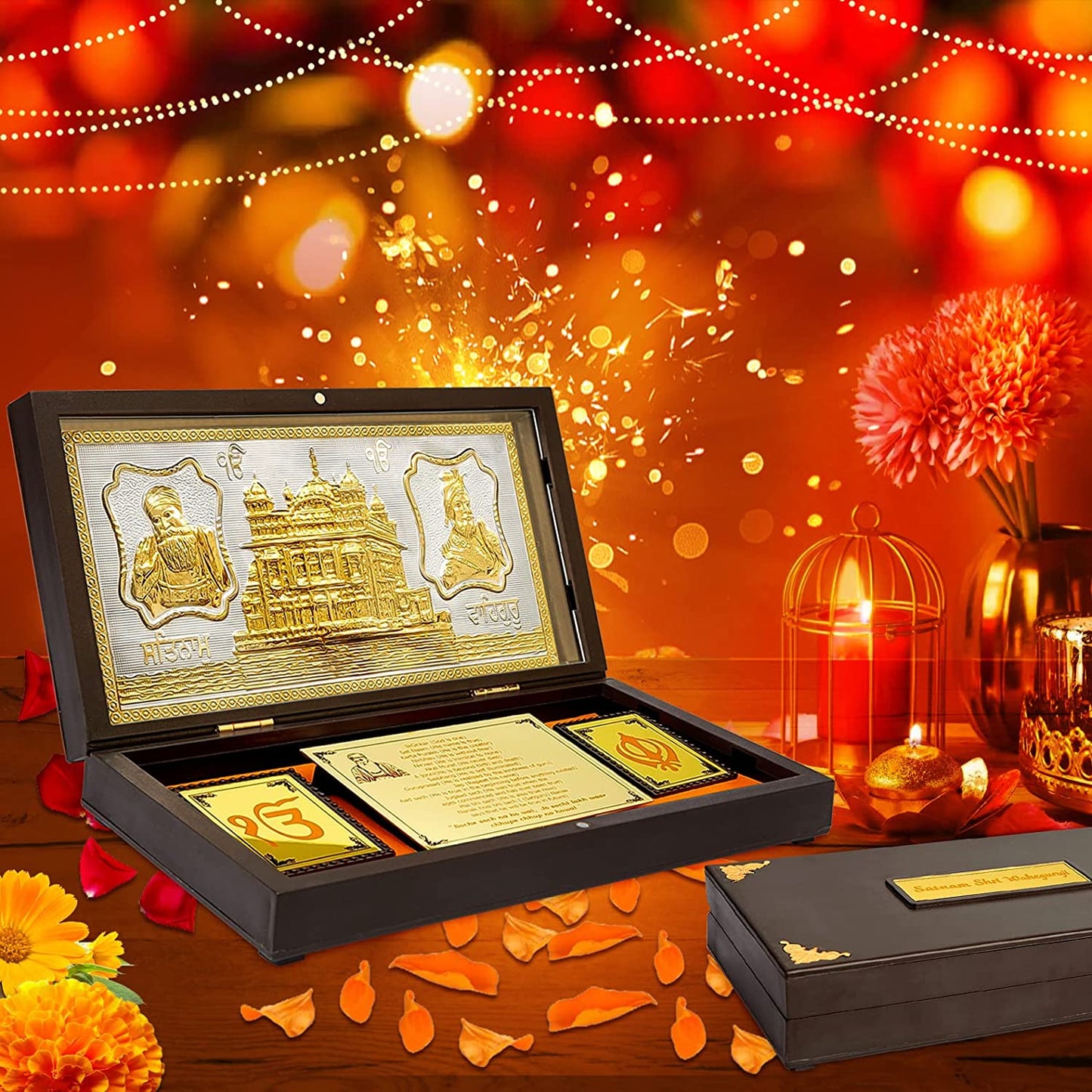 Gold Plated WaheGuruji Photo Frame with Golden Temple Pocket Temple