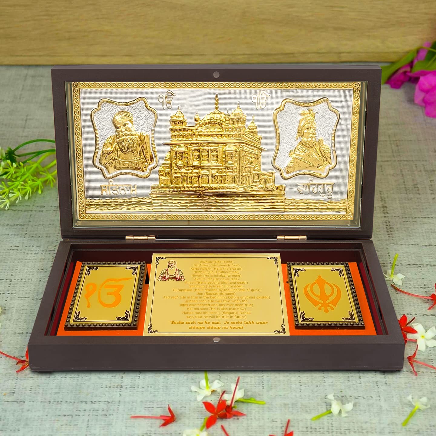 Gold Plated WaheGuruji Photo Frame with Golden Temple Pocket Temple